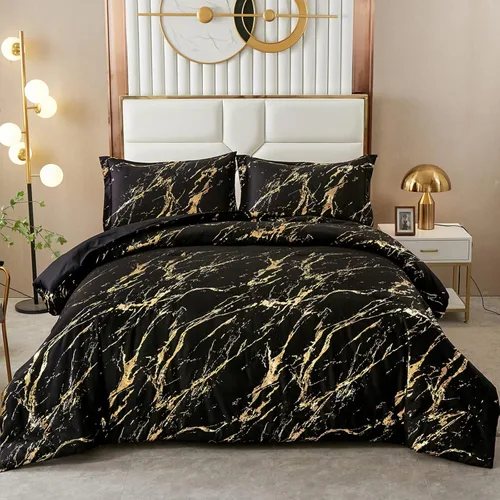 WONGS BEDDING Juego de edredón de mármol metálico negro dorado Queen con estampado de lámina brillante y purpurina, juegos de ropa de cama con 2