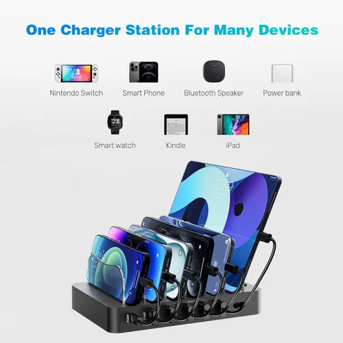 Miniatura 5 de Estación de carga para múltiples dispositivos 68W 6 puertos cargador de teléfono Dock con 6 cables, estación de carga rápida negra de 20 W