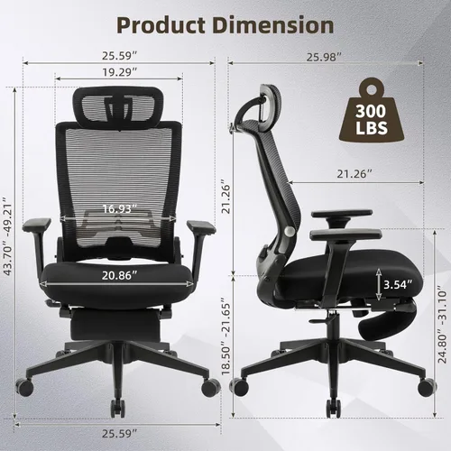 Miniatura 3 de Silla de oficina plegable con reposapiés, silla de oficina ergonómica con soporte lumbar ajustable, reposacabezas, reposabrazos, sillas de Negro