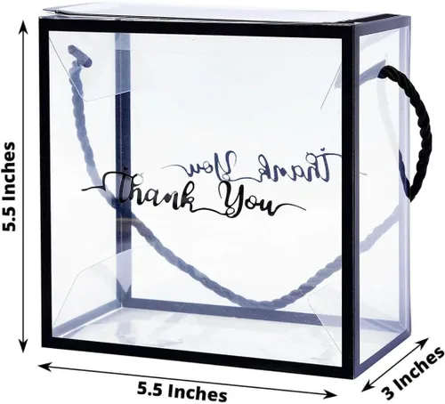 Miniatura 3 de Efavormart - Paquete de 25 cajas de regalo de PVC transparente con asas de cuerda negras e impresión de agradecimiento, cajas de regalo de dulces