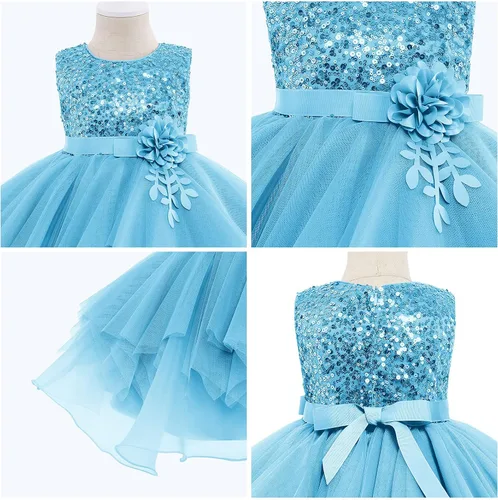 Miniatura 6 de Vestidos de niña de flores sin mangas de lentejuelas hinchado vestido de tul de la boda de la dama de honor del concurso bautismo cumpleaños vestido