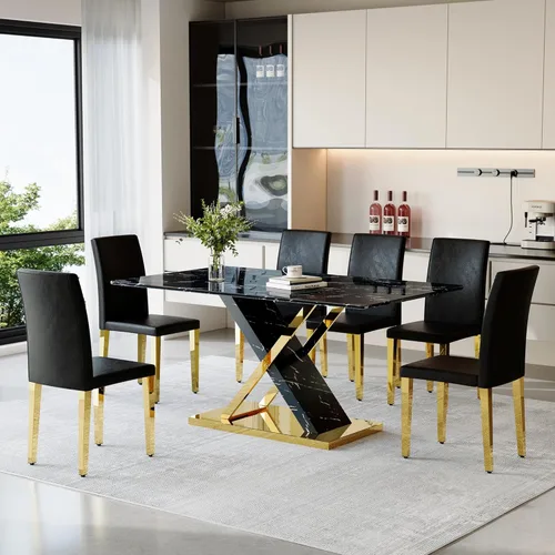 Miniatura 13 de YUNDREAM - Juego de mesa de comedor moderna de mármol para 4, mesa de comedor de oro negro de 63 pulgadas con marco cromado en forma de X y sillas