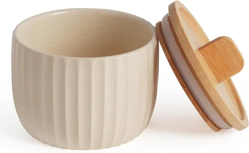 Recipiente de sal con tapa de bambú, cuencos de cerámica de gran capacidad de 14 onzas, caja de pimienta, recipiente de condimentos de esmalte Crema