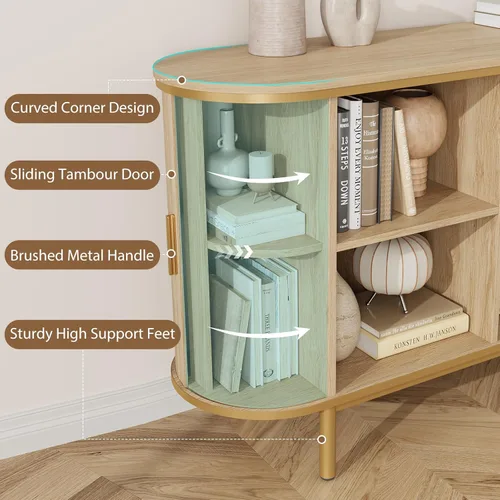 Miniatura 4 de QUW Mesa consola con puertas correderas de tambor, soporte de TV de mediados de siglo de 47 pulgadas con almacenamiento y estantes abiertos Nogal
