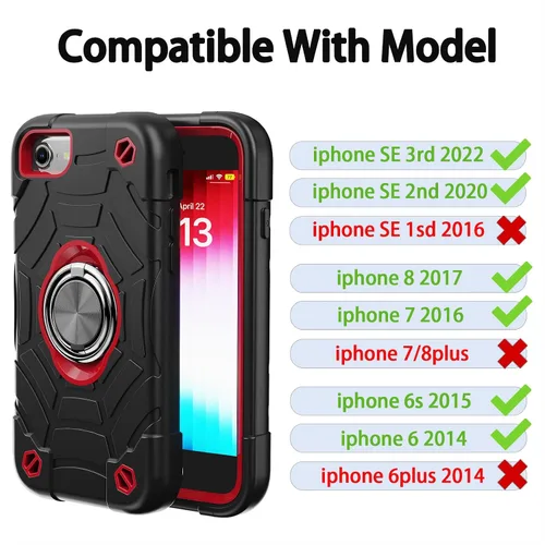 Miniatura 2 de KCJ Funda para iPhone SE 2022/2020, iPhone 8/7/6/6S, con [2×Protectores de Pantalla][Soporte de Anillo] Silicona Suave+PC Duro Protección Completa