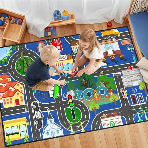 Alfombra de carretera para habitación de niños, alfombra de juego azul para pista de carreras, alfombra de coche para dormitorio, sala de juegos,
