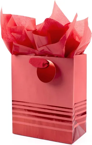 Hallmark Bolsa de regalo mediana de 9" con papel de seda (rayas de papel de aluminio rojo) para Navidad, cumpleaños, Día del Padre, graduaciones,