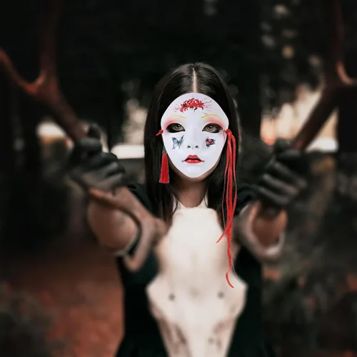 Miniatura 4 de PRETYZOOM Máscaras japonesas de Kabuki Kitsune para hombres, mujeres y niños, disfraz de Halloween, estilo chino, cosplay, máscara genial