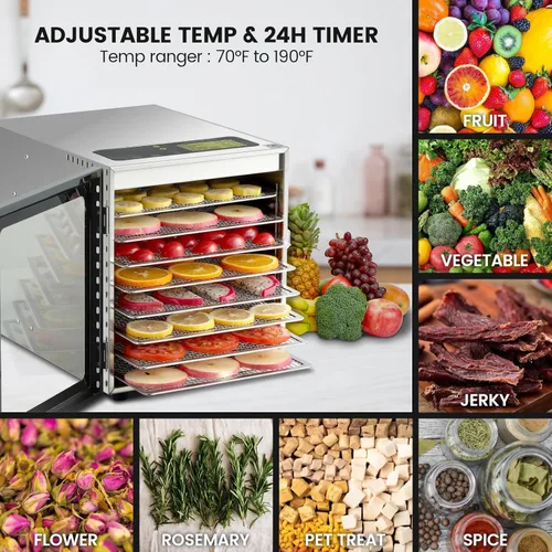 Miniatura 5 de Cercker - Máquina deshidratadora de alimentos con 8 bandejas de acero inoxidable, deshidratador de 500W para charqui, secador de hongos a 190ºF