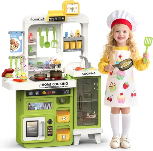Juego de cocina para niños, 68 piezas, juego de cocina para niños pequeños de 1-3, 3-5, cocina de juego de 32.2 pulgadas con pulverización, luz y