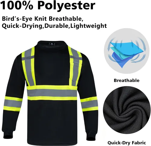 Miniatura 4 de VENDACE Camiseta de Seguridad Reflectante de Alta Visibilidad 3 Paquetes Hi Vis Camisa de Trabajo de Construcción de Manga Larga Negro