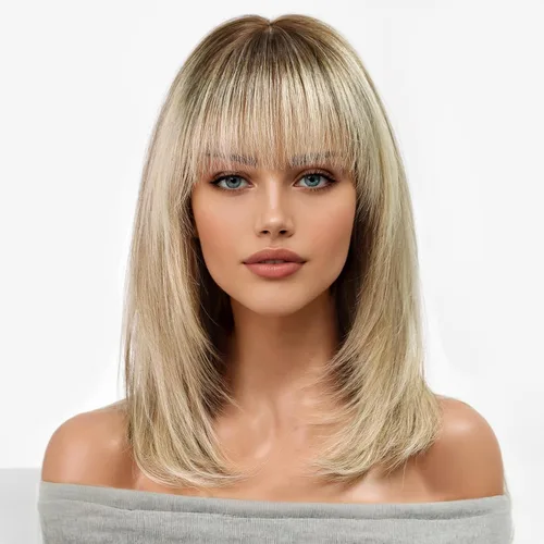 Miniatura 10 de KKU Pelucas de cabello humano de 16 pulgadas para mujer, peluca de cabello lacio en capas con flequillo, realismo natural, pelucas de cabello real