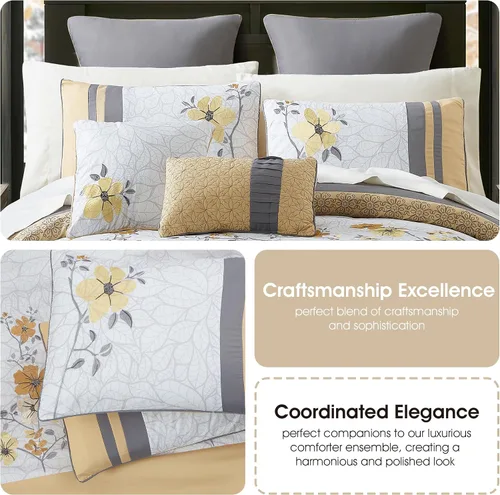 Miniatura 6 de Stratford Park Fantástico juego de edredón floral de 12 piezas, tamaño King, diseño moderno, gris/amarillo, falda de cama a juego, almohadas y Gris-1