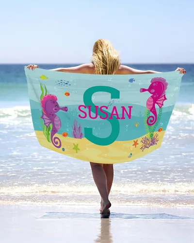 Miniatura 13 de Toalla de playa personalizada con nombres, bonitas toallas de playa personalizadas de hoja de palma tropical para niños, toalla de playa