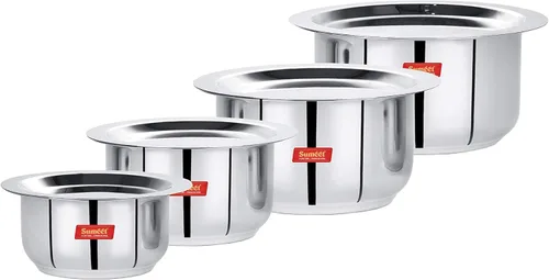 Sumeet Acero inoxidable amigable Tope/patila/utensilios de cocina con tapas, 12.5 fl oz, 18.6 fl oz, 27.1 fl oz, 37.2 fl oz, 4 piezas (acero)