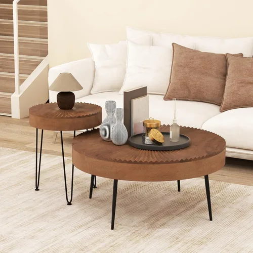 Miniatura 10 de Giantex Juego de 2 mesas auxiliares redondas bohemias, mesa anidable lateral para sofá con parte superior de madera de pino maciza, patas de metal
