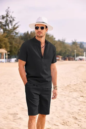 Miniatura 6 de COOFANDY Conjunto de 2 piezas de lino para hombre, camisas Henley casuales de manga corta, pantalones cortos de yoga para la playa, pantalones