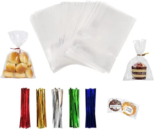 Miniatura 7 de 100 bolsas de celofán de 8 x 10 pulgadas, bolsas transparentes para golosinas con lazos giratorios de 4 pulgadas, bolsas de plástico