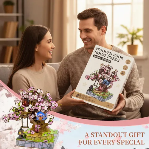 Miniatura 7 de Sakura Tree House Kit de casa en miniatura para adultos, rompecabezas de madera 3D con luz, juego de construcción de flor de cerezo japonés