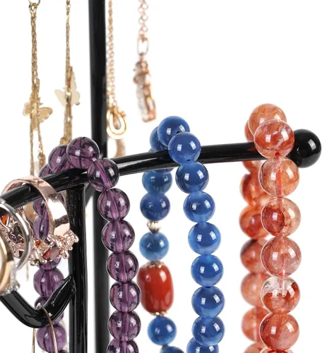 Miniatura 5 de Soporte organizador de aretes organizador de aretes con bandeja de madera soporte de joyería para collares aretes pulseras relojes y anillos soporte