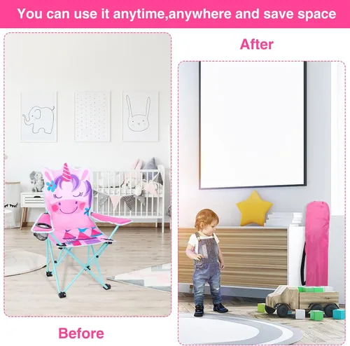 Miniatura 5 de KABOER Silla plegable para césped y camping para niños con portavasos y bolsa de transporte, sillas de camping para niños Unicornio Rosa