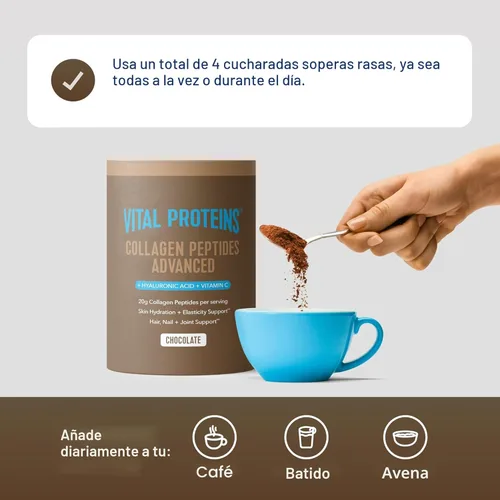 Miniatura 4 de Vital Proteins Péptidos de colágeno avanzados, péptidos hidrolizados con ácido hialurónico y vitamina C - Polvo sabor chocolate, 24.7 onzas