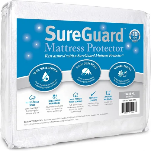 Miniatura 14 de Protector de colchón de SureGuard, 100% impermeable, hipoalergénico, de algodón de primera calidad, gemelo, Blanco
