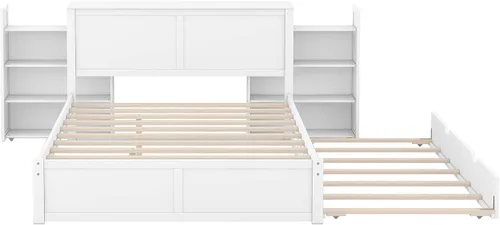 Miniatura 5 de RUNNA Elegante cama de plataforma de tamaño Queen con estantes extraíbles, cama de almacenamiento de madera con nido de tamaño individual