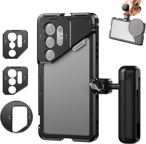 Miniatura 13 de NEEWER PA042 S24 Ultra Phone Cage Video Rig Estabilizador con PA045S Manija Lateral de Liberación Rápida, PA045E Manija de Obturador Bluetooth