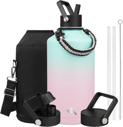Miniatura 13 de Konokyo - Botella de agua aislada de 18 onzas, botellas deportivas de acero inoxidable con 3 tapas, verde militar