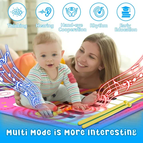 Miniatura 3 de Juguetes de Alfombra Musical 2 en 1 para niños de 1, 2, 3, 4, 5 años, teclado de piano y batería con 2 baquetas, juguetes educativos de aprendizaje