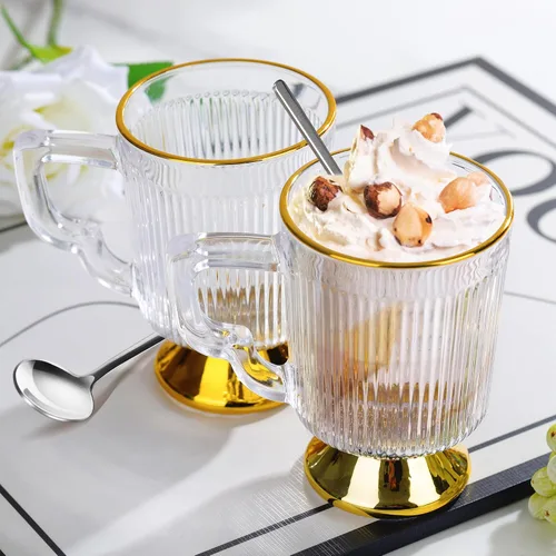 Miniatura 3 de Joeyan Tazas de café de vidrio con asa, tazas de café transparentes acanaladas vintage, tazas de café café con leche, capuchino, tazas de leche