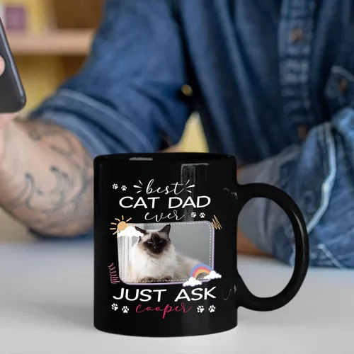 Miniatura 5 de Taza de cerámica negra personalizada para elegir nombre y foto con texto en inglés "Best Cat Dad Ever Just Ask", taza de café personalizada de 11