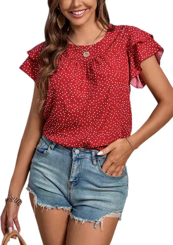 Miniatura 6 de LYANER Blusa de manga corta con cuello redondo y volantes para mujer