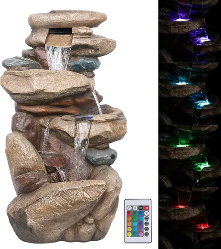 Miniatura 11 de Alpine Corporation Fuente de agua de piso de roca de 40 pulgadas con 4 niveles, cascada de agua y luces LED blancas, fuente de agua tranquila