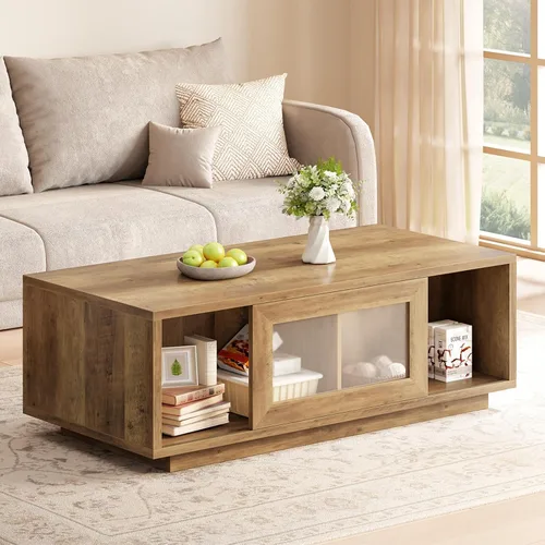 Miniatura 10 de HSH Mesa auxiliar negra para sala de estar, mesas de centro rectangulares de madera moderna de 47 pulgadas con puerta corredera y estante abierto