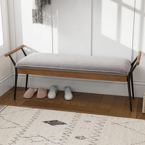 Miniatura 10 de LukeAlon Moderno banco de entrada de piel sintética, banco tapizado en el extremo de la cama con brazos, banco otomano clásico para dormitorio