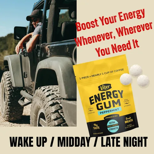 Miniatura 7 de Viter Energy goma de mascar con 60mg de cafeína (sabor a menta, 30 piezas) - sin azúcar, vitamina B3, B6, B9, B12, cero calorías, gomitas