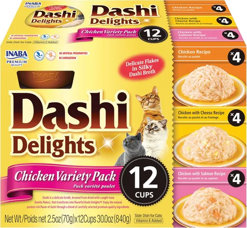 INABA Dashi Delights para gatos, pollo rallado con caldo de hojuelas Bonito, taza de 2.5 onzas, 12 tazas en total, variedad de pollo