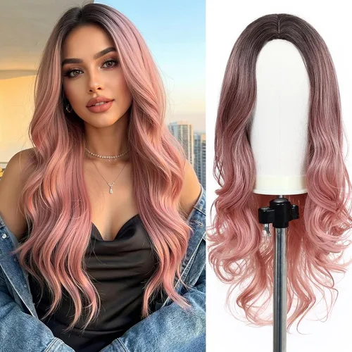 Miniatura 16 de Esmee Pelucas largas de color castaño rojizo ombré para mujer, peluca de cabello sintético ondulado y rizado natural para uso diario, fiestas
