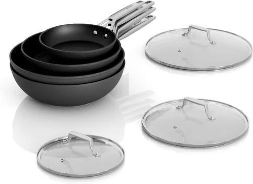 MsMk Juego de sartenes antiadherentes de 7 piezas, 8, 10, 12 pulgadas y wok de inducción de 12 pulgadas con tapas de vidrio templado, distribución