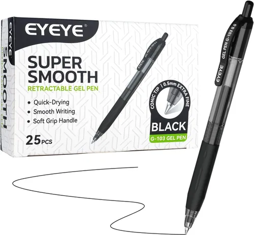 EYEYE G-103 - Bolígrafos de gel retráctiles de 0.020 in, paquete de 25 bolígrafos de tinta de gel de punta extra fina, secado rápido, bolígrafo