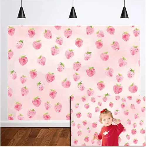 Miniatura 3 de Telón de fondo de fresa rosa para niñas, decoración de fiesta de cumpleaños, fondo de fotografía de fresa, suministros de baby shower, decoración