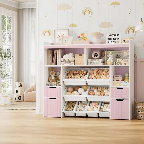 Miniatura 2 de HORSTORS Organizador de almacenamiento de juguetes de 55 pulgadas de ancho con cajones, caja grande de almacenamiento de juguetes para niños con Rosa