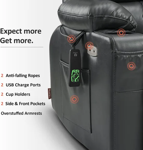 Miniatura 8 de MCombo Silla reclinable eléctrica de motor dual para adultos mayores, silla de elevación plana con calor y masaje, portavasos, puertos USB, piel