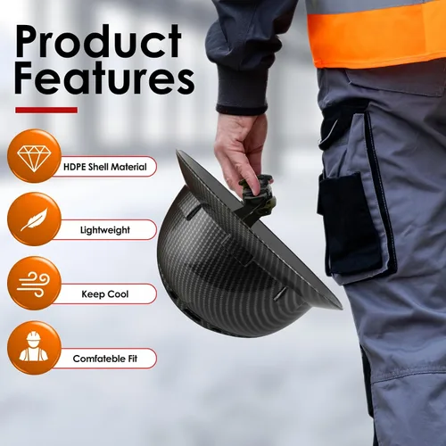Miniatura 6 de Zeluga Casco duro de ala completa HDPE, casco de seguridad de construcción con orificios ventilados, suspensión de trinquete ajustable de 6 puntos