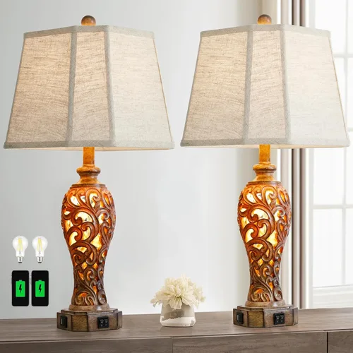 Miniatura 10 de Lámpara de mesa de granja de 25 pulgadas para sala de estar y dormitorio, lámpara de noche de diseño rústico vintage con 2 puertos USB y luz