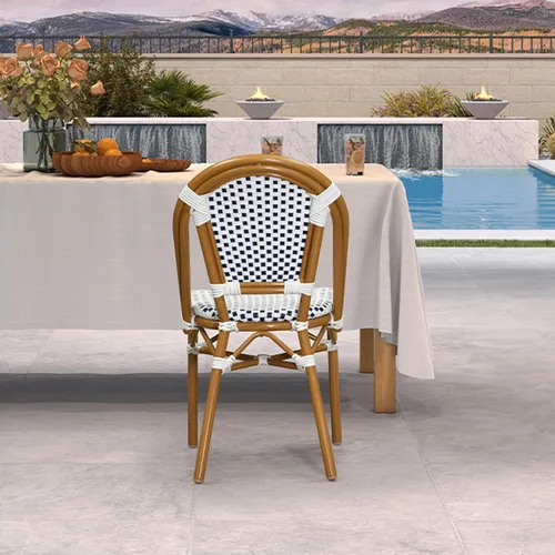 Miniatura 44 de PURPLE LEAF Juego de 1 silla de comedor al aire libre, marco de aluminio francés en acabado de bambú con ratán tejido ámbar y blanco para cocina
