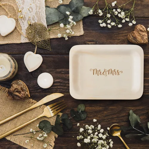 Miniatura 6 de Platos y tenedores de madera desechables Mr. and Mrs