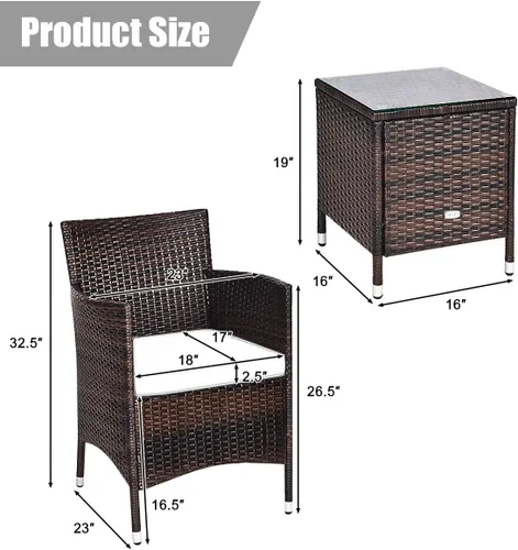Miniatura 8 de HAPPYGRILL Juego de muebles de mimbre de mimbre para patio de 3 piezas, juego de conversación de ratán al aire libre con mesa auxiliar, sillas